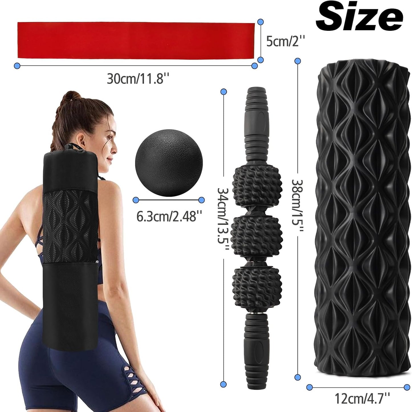 JOYENERGY 5 in 1 Foam Roller Set High Density Foam Roller Patented, Massage Stick, Massage Ball, Resistance Band for Deep Muscle Massage Pilates Yoga, Fitness for Trigger Point Release