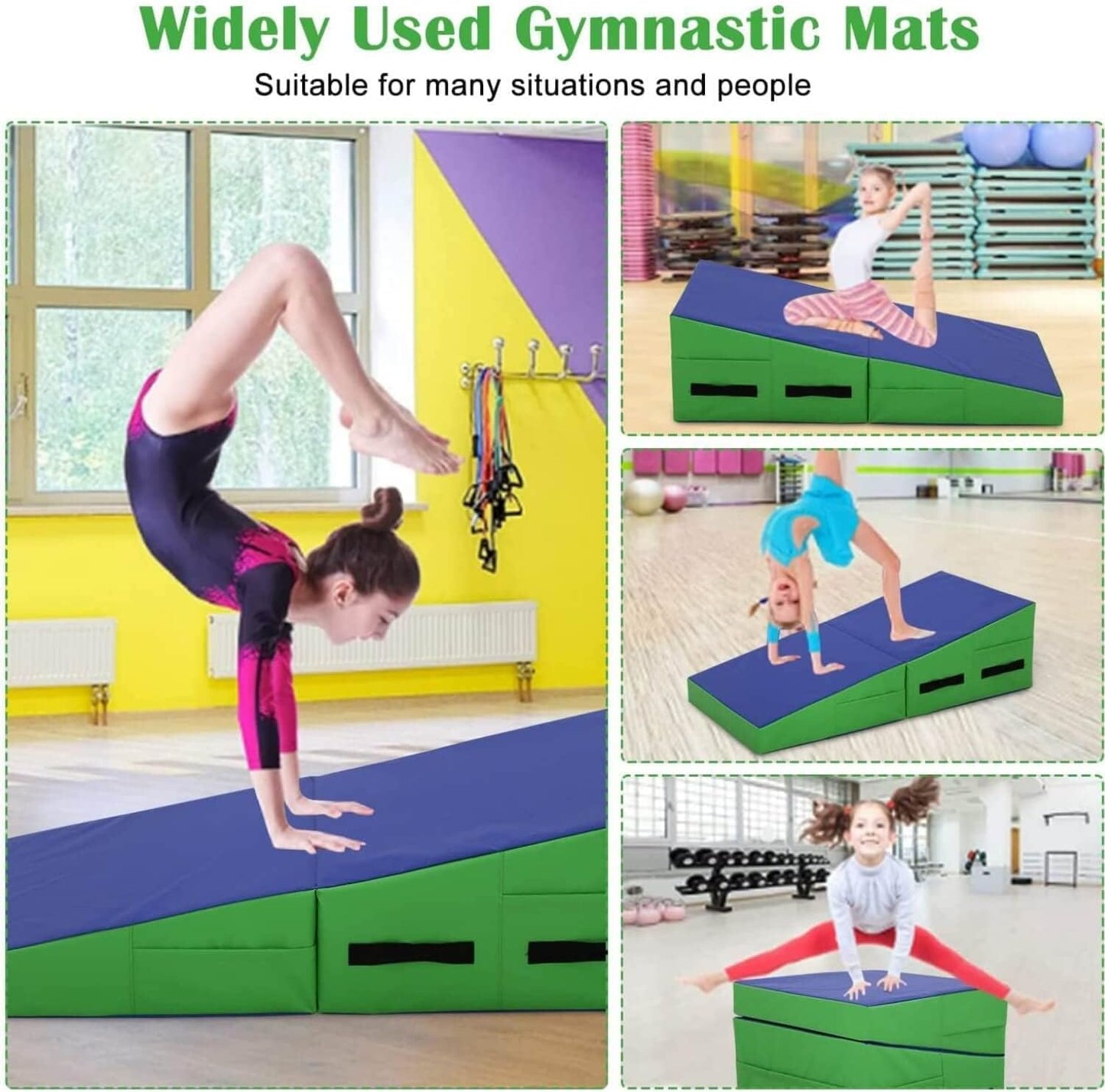 Incline Gymnastics Mat, 48x24 Inch Foldding Gymnastic Tumbling Mat with Handle, Cheese Wedge Skill Shape, Indoor/Outdoor Exercise Mat Home Gym Yoga Mat for Kids Tumbling, Skill Training