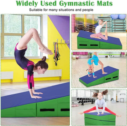Incline Gymnastics Mat, 48x24 Inch Foldding Gymnastic Tumbling Mat with Handle, Cheese Wedge Skill Shape, Indoor/Outdoor Exercise Mat Home Gym Yoga Mat for Kids Tumbling, Skill Training