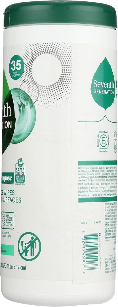 Seventh Generation Multi-Surface Wipes, 70 Count, Pack of 3, Garden Mint, Plant-Based Cleaning Wipes, No Harsh Fumes or Residue, Safe Around Kids