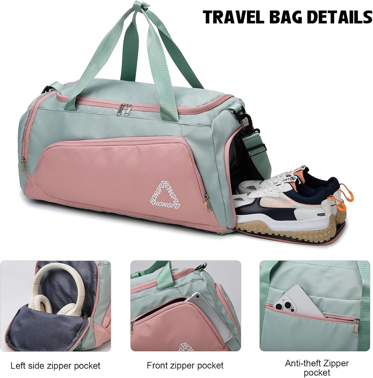 Eslcorri Gym Duffle Bag for Women Men, Sports Backpack with Wet & Shoe Compartment, Fitness Overnight Weekender Bag for Yoga, Swim, Travel (Style B, GreenPink)