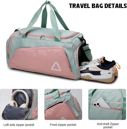 Eslcorri Gym Duffle Bag for Women Men, Sports Backpack with Wet & Shoe Compartment, Fitness Overnight Weekender Bag for Yoga, Swim, Travel (Style B, GreenPink)