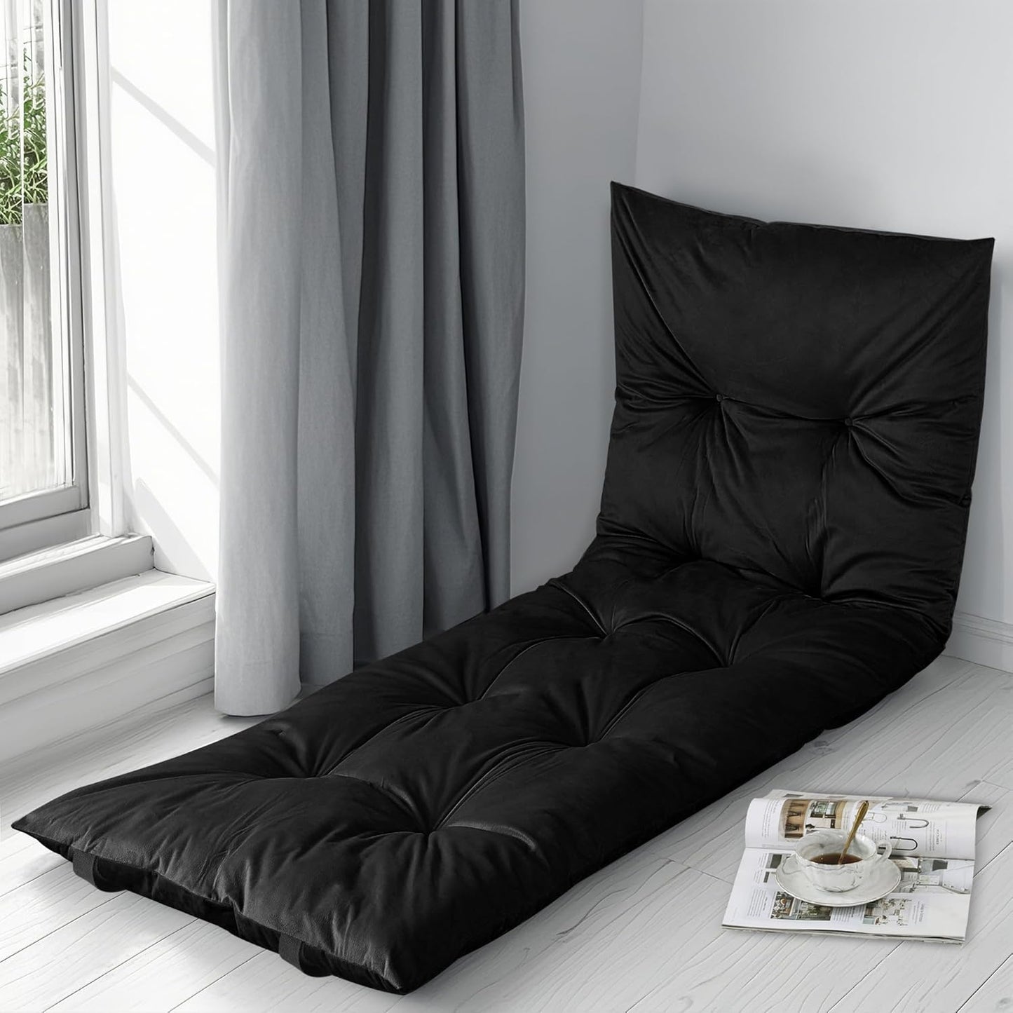 HOMBYS Floor Lounger Pillow Foldable and Tufted Design Long Floor Cushion for Yoga, Reading, Sleeping, Meditation, Elastic Band for Roll Up and Easy Storage, Machine Washable, Dark Grey, 74"x27"
