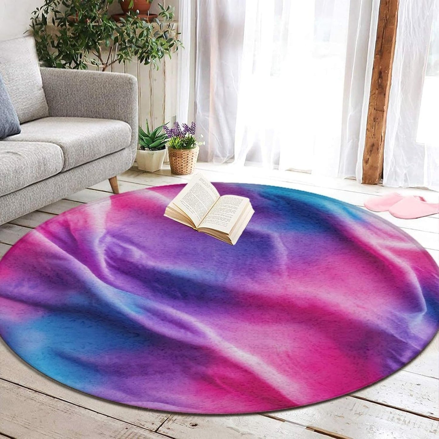 Soft Round Yoga Carpet, Office Chair Decor Round Mat for Carpet and Hardwood Floors Purple Butterfly