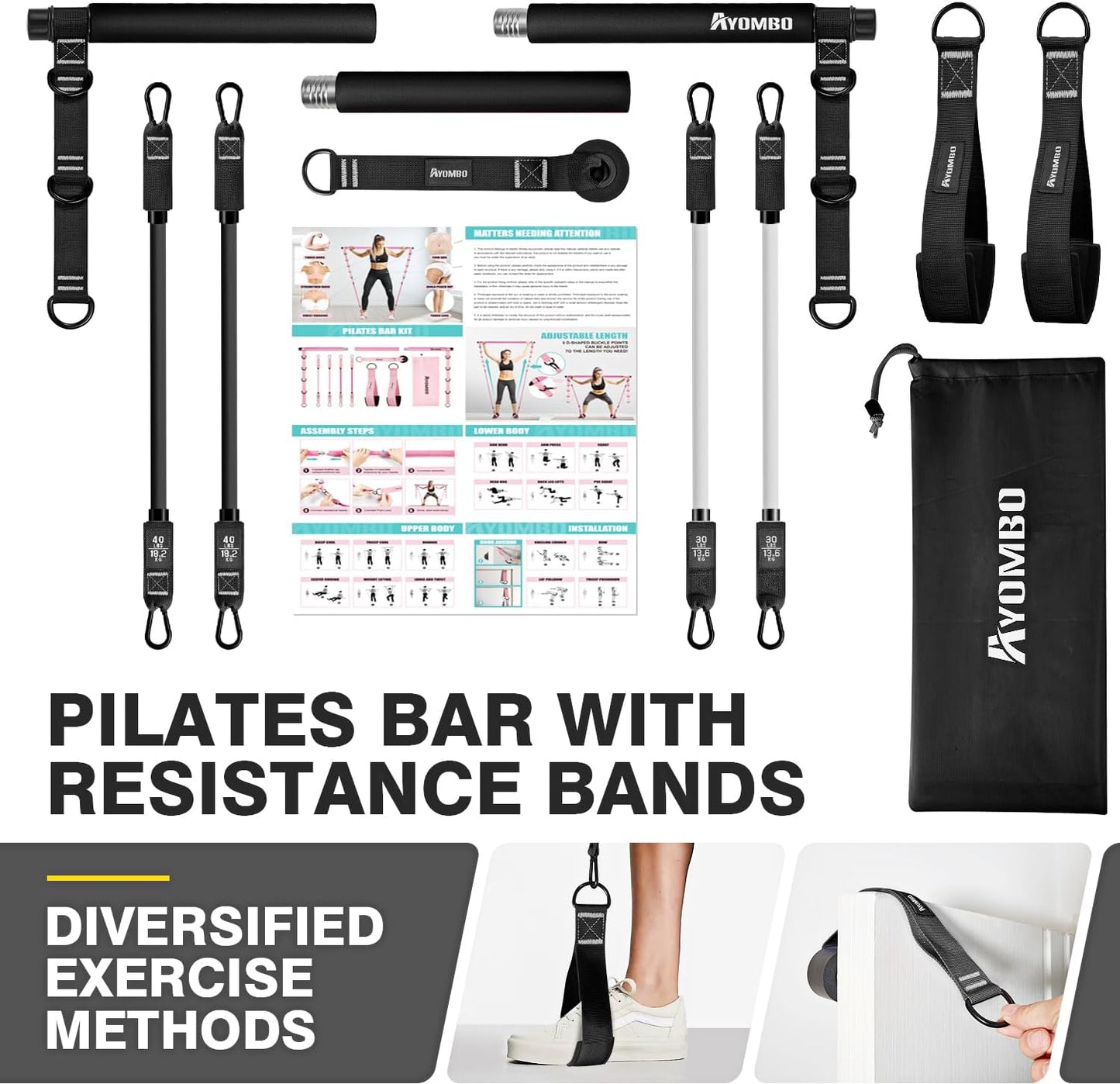 Ayombo Pilates Bar Kit with Resistance Bands, Pilates Workout Equipment for Legs, Hip, Waist, Arm, Squats Exercise Equipment for Home Workouts, Adjustable 3-Section Pilates Bar Kit for Women & Men