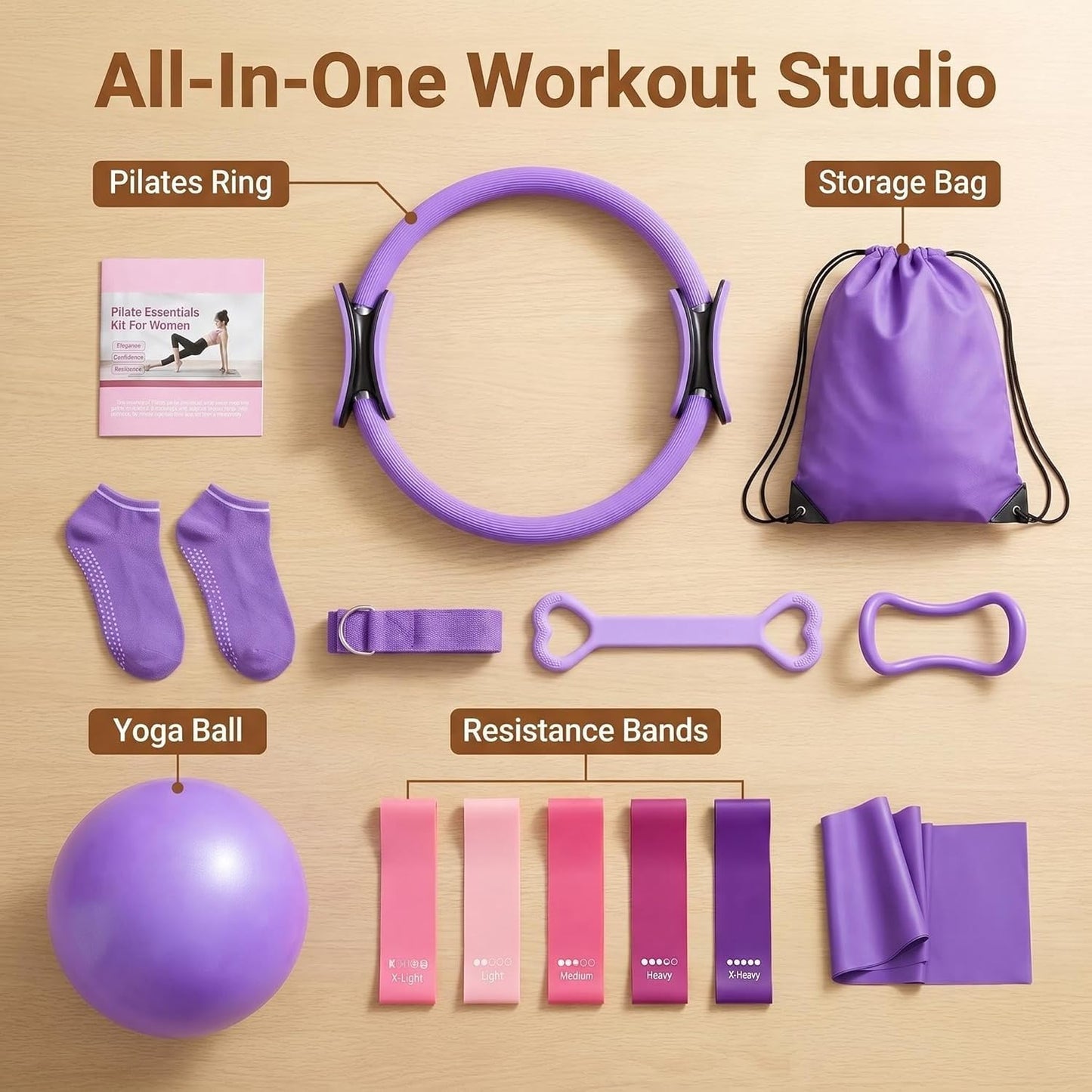 13/15Pcs Pilates Kit for Women, Pilates Equipment for Home Workouts with Magic Circle, Ball, Resistance Bands, Pilates Starter Set for Strength, Toning and Flexibility