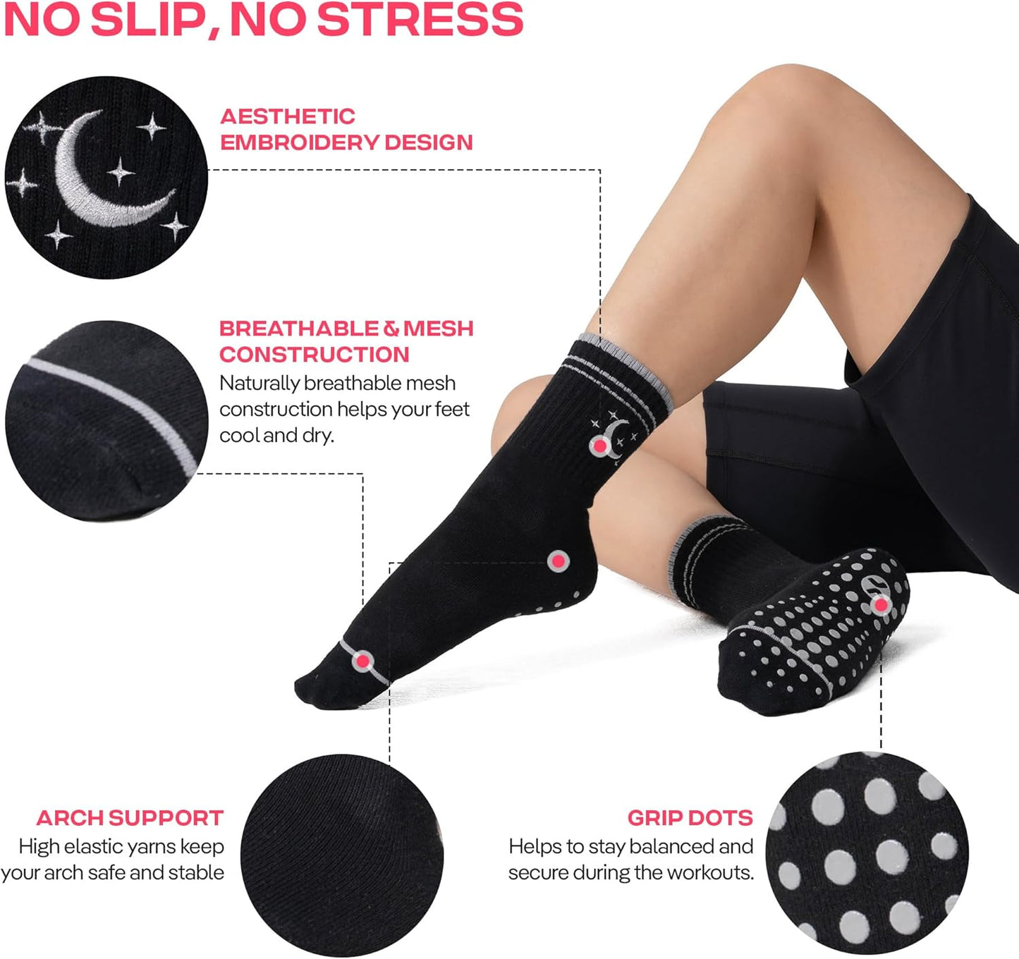 COOLMATE Pilates Socks with Grips for Women, Yoga Socks, Crew Non Slip Women for Barre, Pilates Gifts for Women - Colors B