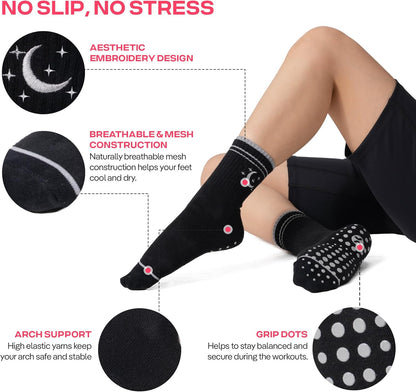 COOLMATE Pilates Socks with Grips for Women, Yoga Socks, Crew Non Slip Women for Barre, Pilates Gifts for Women - Colors B