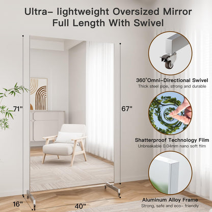 brisafe NanoMirror Non-Glass Ultra-Light Home Gym on Wheels, 75" x 32" Extra Large Full Body Mirror, Unbreakable & Shatterproof, 360° Swivel for Yoga, Dance, Fitness Studio & Home, Black