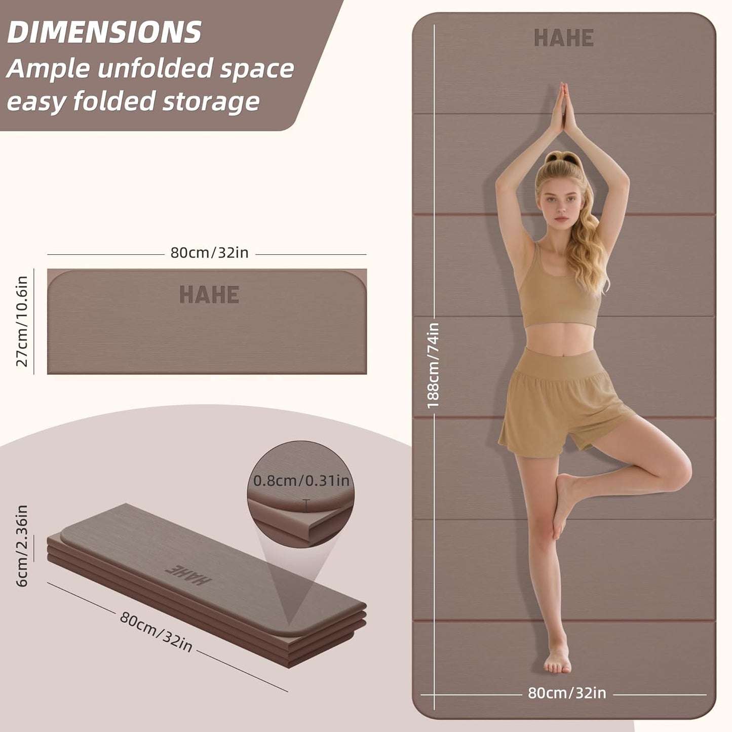 Foldable Yoga Mat,74"Lx32"Wx1/3"Thick,Folding Exercise Mat,Non-slip Wide Pilates Mats for Home Workout/Travel, Portable Yoga Mat Thick for Yoga/Pilates/Camping/Floor Exercises