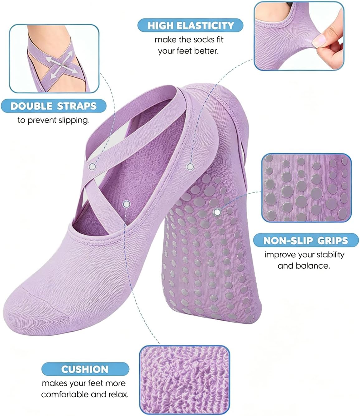 AURUZA Pilates Grip Socks for Women Non Slip Skid Yoga Socks with Grips Straps for Ballet Dance Workout Gripper Sock