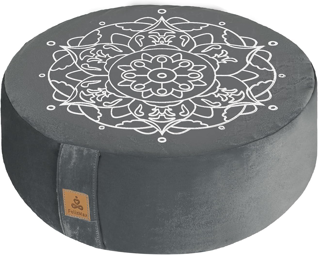 Embroidered Meditation Pillow D=16" H=5.5" Round Velvet Meditation Cushion Yoga Bolster Floor Pouf Zafu Natural Buckwheat hulls Sitting on Floor Removable Organic Cotton Cover Large Kneeling Pillow