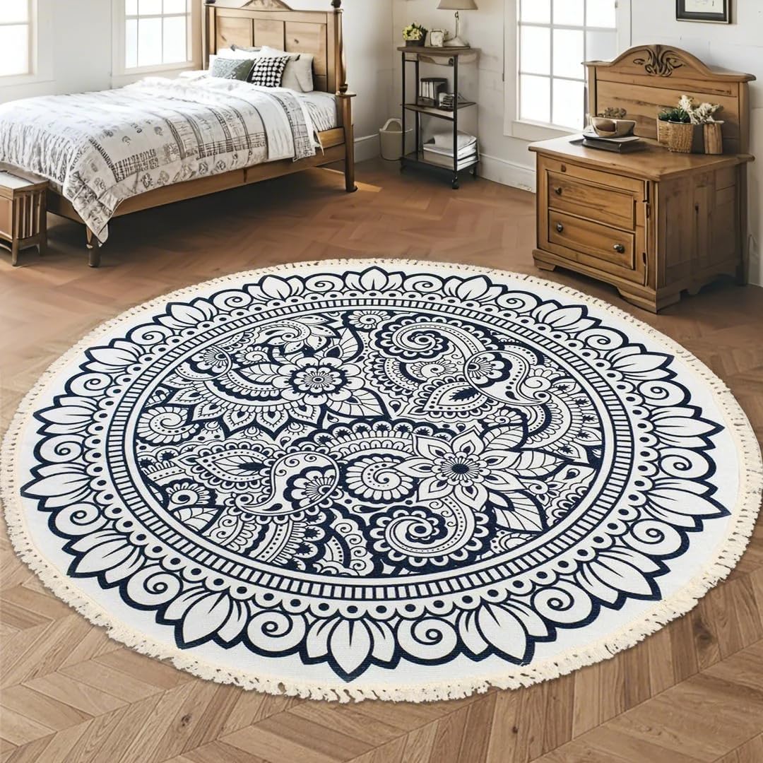 Boho Rug 5Ft Round Bedroom Carpet Circle Nonslip Farmhouse Area Rug Rustic Mandala Floor Mat for Living Room Locker Room Tassel Yoga Throw Rugs Washable Doormat, Purple