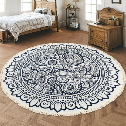 Boho Rug 5Ft Round Bedroom Carpet Circle Nonslip Farmhouse Area Rug Rustic Mandala Floor Mat for Living Room Locker Room Tassel Yoga Throw Rugs Washable Doormat, Purple