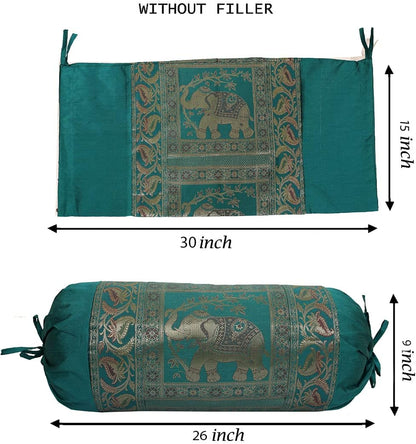 Ethnic Jacquard Brocade Silk Bolster Tube Pillow Covers Elephant Dark Green Yoga Massand Living Room Decorative Cylindrical Hotdog Traditional Throw Pillowcase 76x38 cm - Set of 2 Pcs