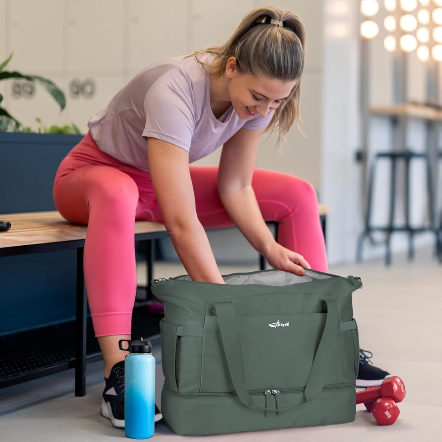 ETRONIK Gym Bag for Women, Personal Item Travel Bag with Shoes Compartment, Weekender Overnight Duffel Bag with Wet Pocket, Carry On Bag for Women, Travel, Gym, Weekend (Beige)