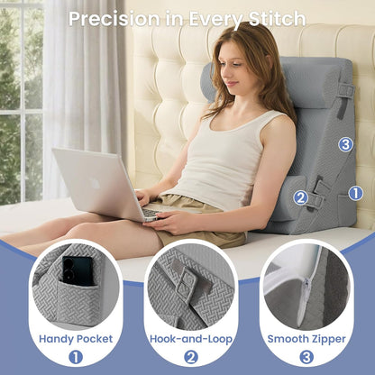 Sasttie Wedge Pillow Set for After Surgery, 2PCS Adjustable Bed Wedge Pillow Headboard with Memory Foam Neck Cushion – for Acid Reflux, Sleeping, Neck & Back Support, Dark Grey