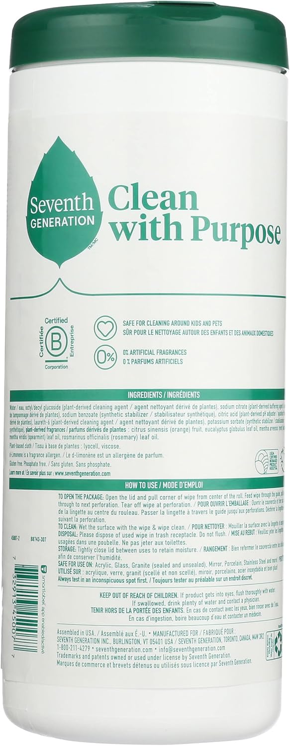 Seventh Generation Multi-Surface Wipes, 70 Count, Pack of 3, Garden Mint, Plant-Based Cleaning Wipes, No Harsh Fumes or Residue, Safe Around Kids