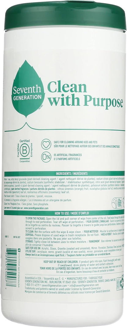 Seventh Generation Multi-Surface Wipes, 70 Count, Pack of 3, Garden Mint, Plant-Based Cleaning Wipes, No Harsh Fumes or Residue, Safe Around Kids