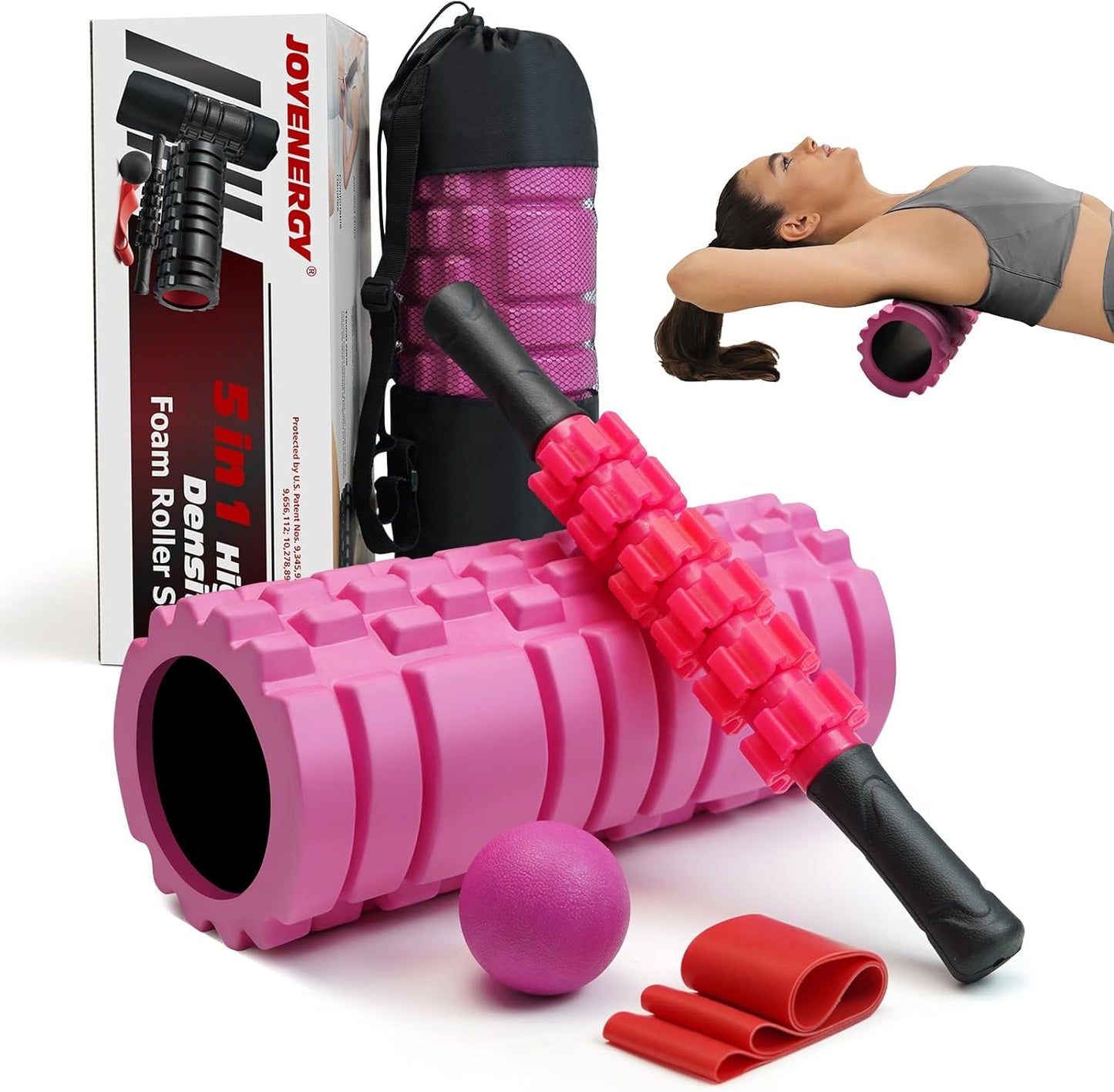 JOYENERGY 5 in 1 Foam Roller Set High Density Foam Roller Patented, Massage Stick, Massage Ball, Resistance Band for Deep Muscle Massage Pilates Yoga, Fitness for Trigger Point Release