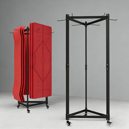 Yoga Mat Holder Hanging, Floor Rolling Yoga Mat cart, Large Capacity Storage Rack, with Includes hole punch, Metal square tube storage shelf for Home Gym, Fitness Club,Yoga Studio (Black)
