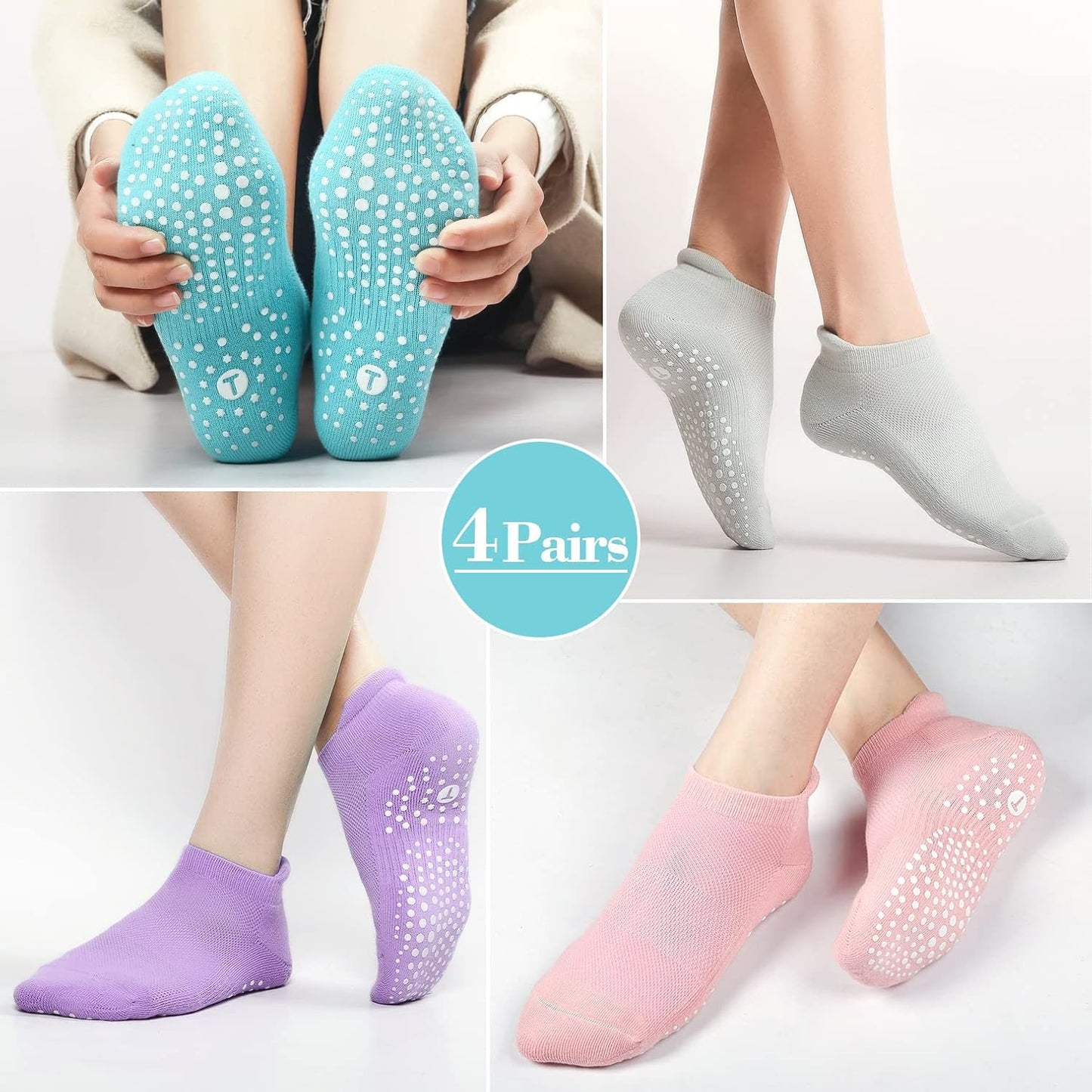 Toes Home Pilates Socks for Women, Cushioned Ankle Grippy Non Slip Socks for Yoga, Hospital, Barre, Home Slipper 2/4 Pairs