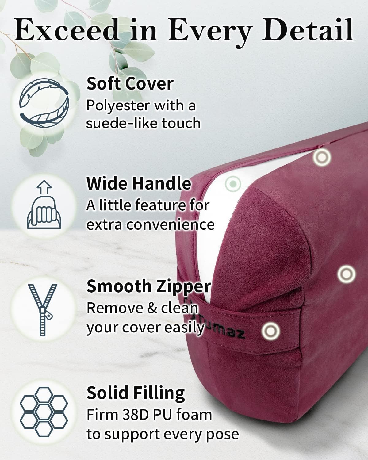 Tumaz Yoga Bolster Set - Rectangular Bolster Pillow for Restorative Yoga, Soft Meditation Pillow with Carry Handle and 8-Feet Strap, Machine Washable Cover