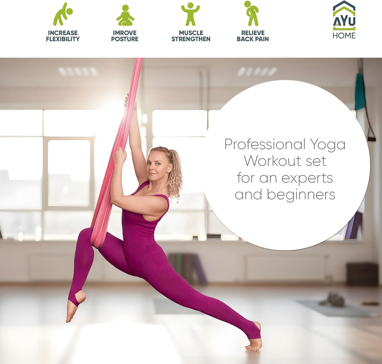 AyuHome Aerial Silks Kit for Home - Premium Yoga Swing for Kids and Adults with 660 lbs Capacity - Versatile Aerial Yoga Hammock for Gymnastics Training
