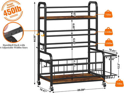 Homeiju 450LBS Dumbbell Rack,Weight Rack for Dumbbells,Weight Rack for Home Gym,Home Gym Storage for Strength Training Dumbbell Racks Stand with Wheels&Hooks