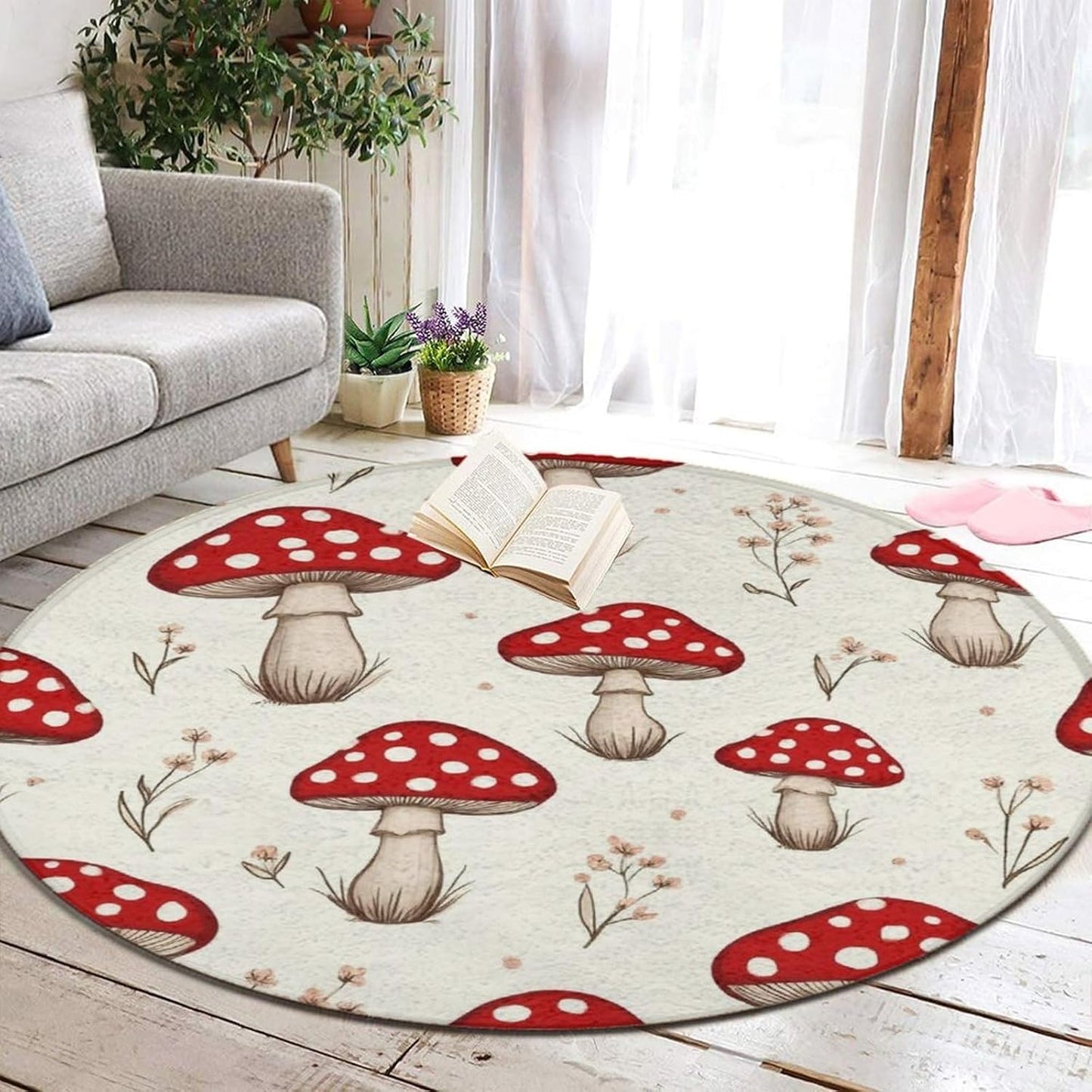 Large Home Decor Mat, Soft Round Yoga Carpet, Non Slip Machine Washable Home Office Circle Rug Gothic Witchy Sun Moon Mushroom Moth
