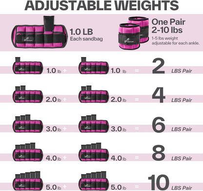 Sportneer Adjustable Ankle Weights Set - 1 Pair (2-10 lbs) Removable Sandbags for Women & Men, Comfortable Neoprene Leg Weights for Walking, Running, Pilates, Yoga, Home Workout & Physical Therapy