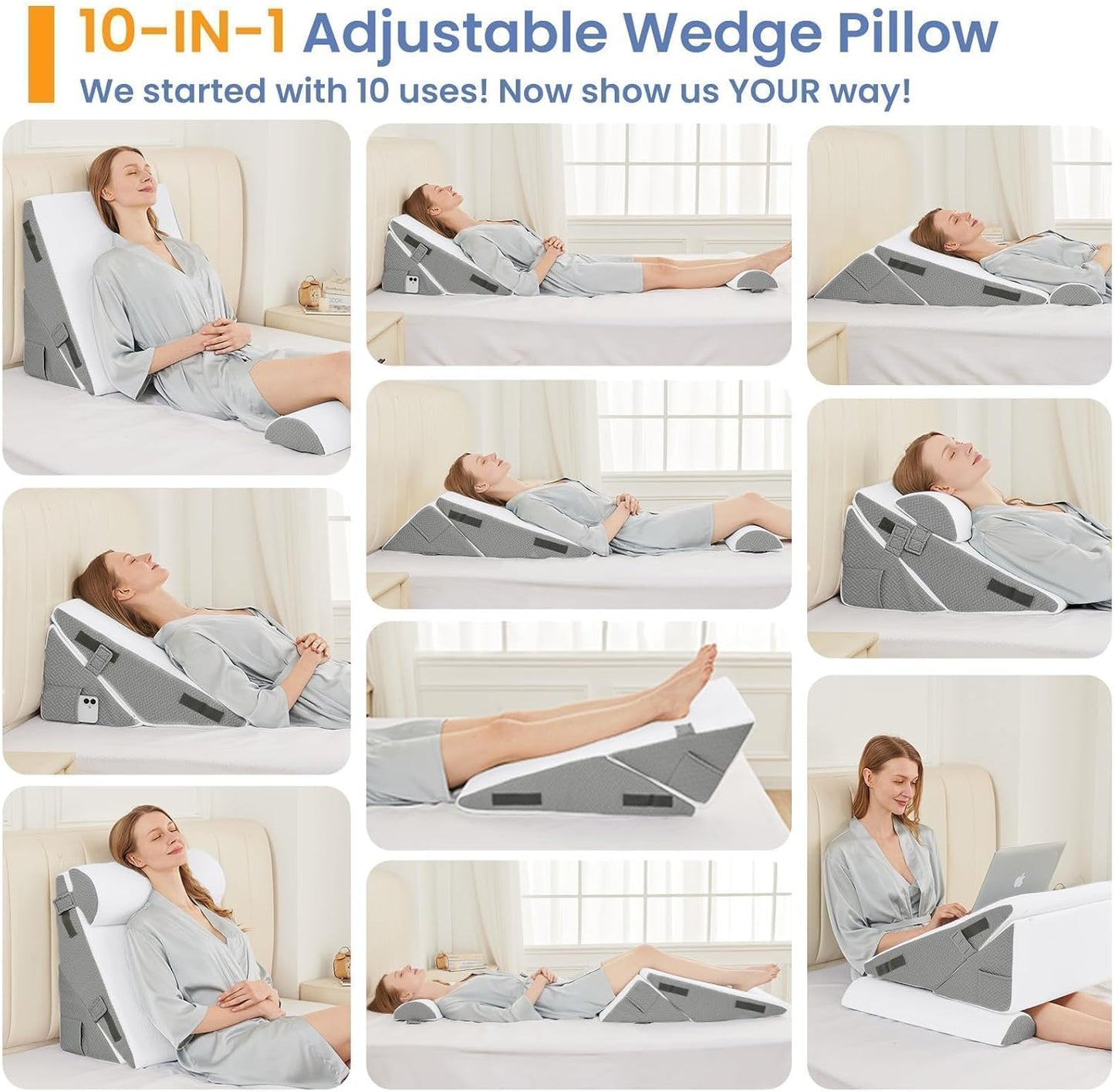 Sasttie Wedge Pillow Set for After Surgery, 2PCS Adjustable Bed Wedge Pillow Headboard with Memory Foam Neck Cushion – for Acid Reflux, Sleeping, Neck & Back Support, Dark Grey
