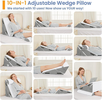 Sasttie Wedge Pillow Set for After Surgery, 2PCS Adjustable Bed Wedge Pillow Headboard with Memory Foam Neck Cushion – for Acid Reflux, Sleeping, Neck & Back Support, Dark Grey