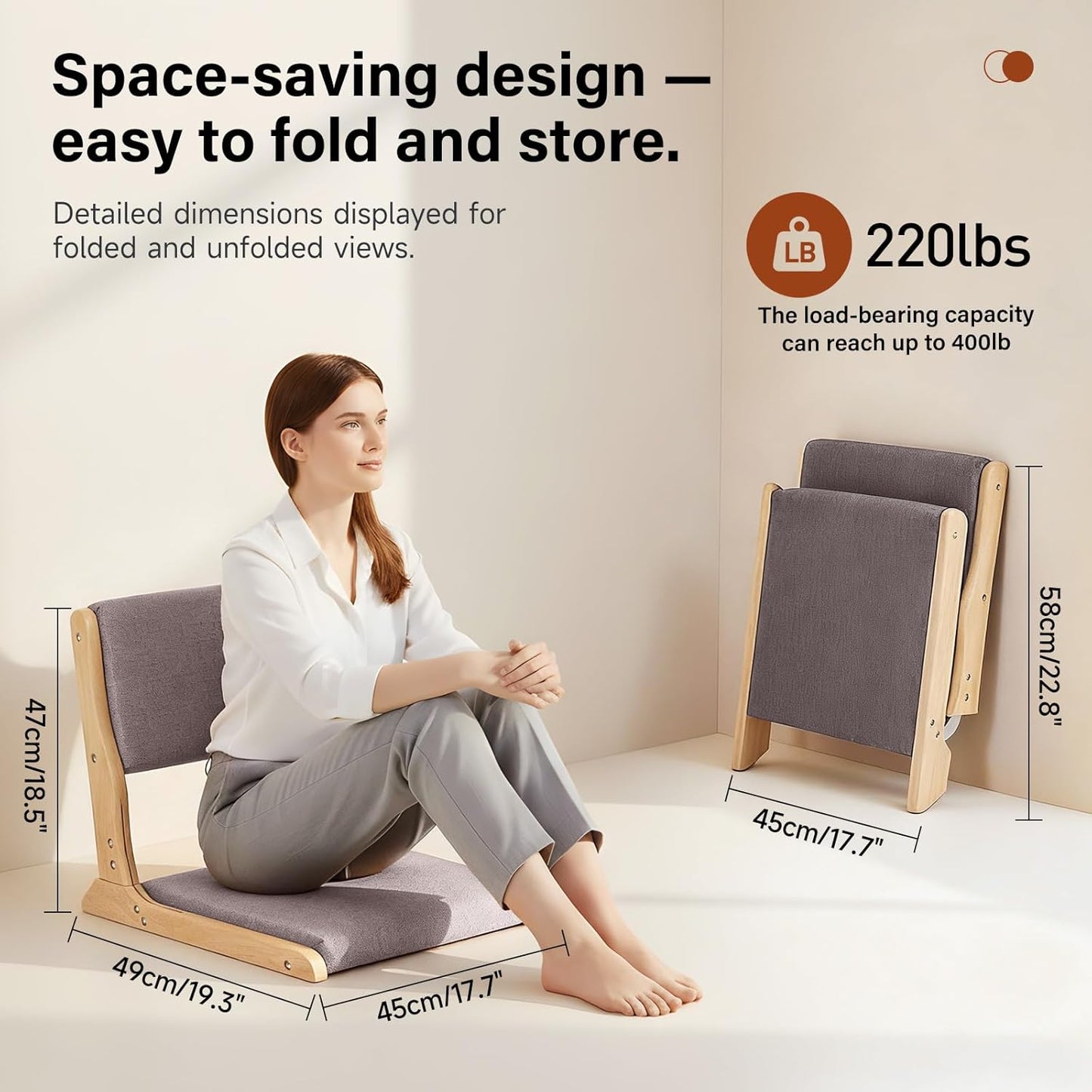 Tiita 2Pcs Floor Games Chair, Foldable Meditation Tatami Chairs, Backrest Chair with Cushion, Living Room Chair Seat, Wood Grey