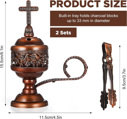 Zonon 1 Set Incense Burner with Tong, Frankincense Charcoal Incense Stand Holder, Ideal for Yoga, Spa, Aromatherapy, Home and Christian Church Censer (Gold,Retro)