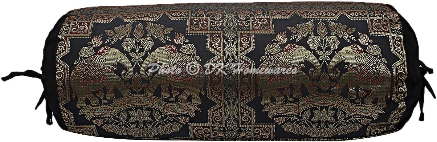 Indian Jacquard Brocade Silk Bolster Yoga Rectangle Pillow Cover Cylindrical Hotdog Black Tube Masand Home Decor Living Room Elephant Traditional Throw Cushion Cover 76x38 cm - 1 Pc
