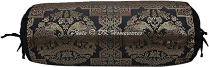 Indian Jacquard Brocade Silk Bolster Yoga Rectangle Pillow Cover Cylindrical Hotdog Black Tube Masand Home Decor Living Room Elephant Traditional Throw Cushion Cover 76x38 cm - 1 Pc