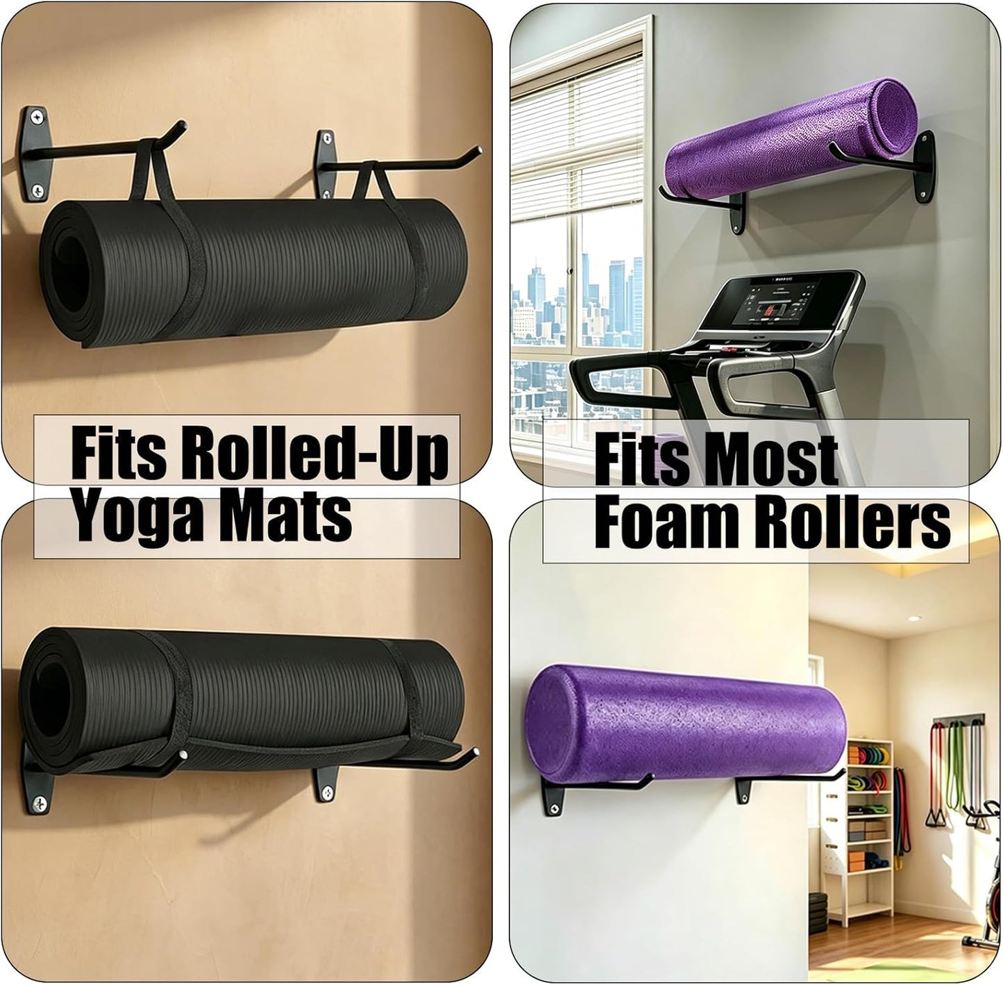 Yoga Mat Wall Mount Hanger ,Metal Yoga Mats Storage Rack, Home Gym Storage with 8 Clips, No-Roll Flat Storage for Folded/Rolled Mats, Foam Rollers, Towels, Resistance Bands, Black Wall Organizer for Gym, Yoga Studio, Bedroom