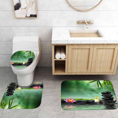 4PCS Spa Zen Shower Curtain Sets with Rugs, White Shower Curtain, Pink Floral Orchid Lotus Water Lily Stone Bamboo Water Reflection Yoga Massage Relaxing Spiritual Meditation Bathroom Decor