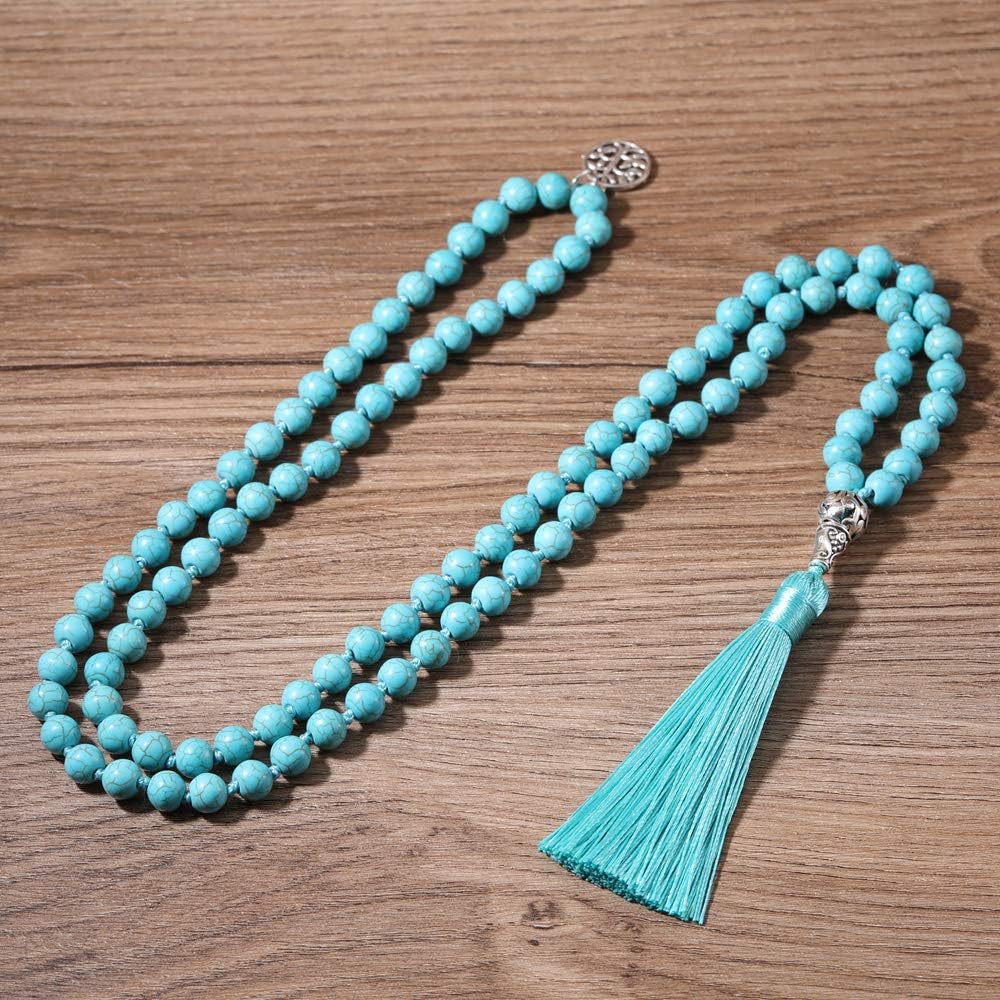 108 Mala Beads Necklace Semi-Precious Gem Stones Meditation Necklace 108 Hand Knotted Japa Mala Beaded Tassel Necklace with Tree of Life Pendant