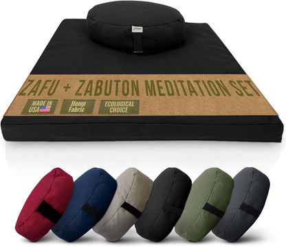 Meditation Cushion Mat Set HEMP - Large Oval Zafu Floor Pillow Organic Buckwheat Pillow + Cotton Filled HEMP Zabuton Prayer Pad - Meditation Pillow Yoga Knee Pad Made in USA - 18" Oval, NATURAL Hemp