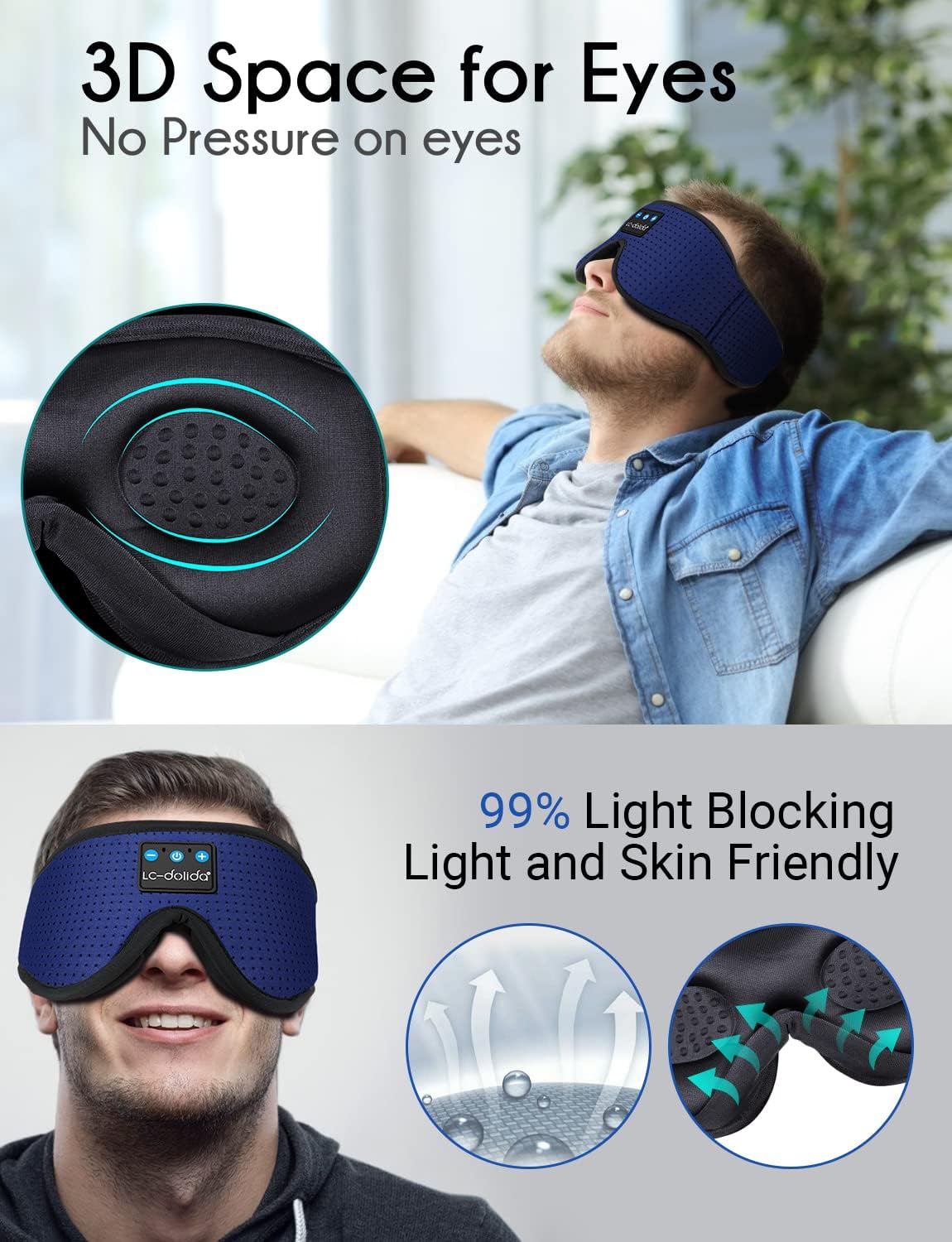 LC-dolida Sleep Headphones, 3D Sleep Mask Bluetooth Wireless Music Eye Mask, Sleeping Headphones for Side Sleepers Sleep Mask with Bluetooth Headphones Ultra-Thin Stereo Speakers Perfect for Sleeping