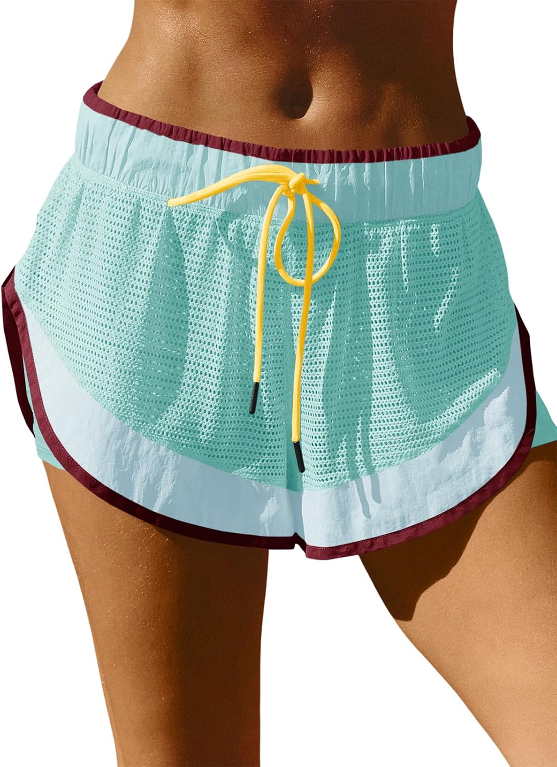 Fisoew Women Athletic Shorts 2 in 1 Running High Split Color Block Workout Yoga Mesh Shorts Pocket Drawstring