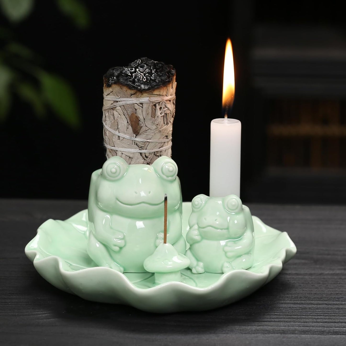 ChangWanna Frog Incense Holder Waterfall - Ceramic Cone Backflow Incense Burner Smoke Fountain, Back Flowing Incense Diffuser with 45 Sticks & 12 Cones, Frog Ornament for Aromatherapy/Yoga/Home Decor