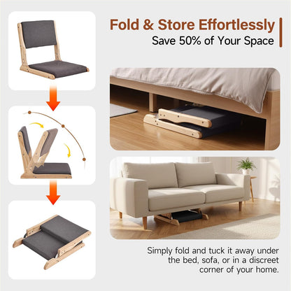 Tiita 2Pcs Floor Games Chair, Foldable Meditation Tatami Chairs, Backrest Chair with Cushion, Living Room Chair Seat, Wood Grey