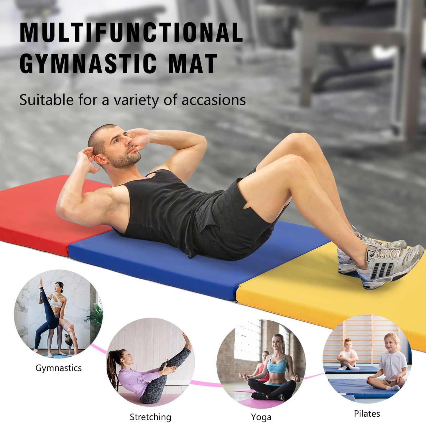 Gymnastics Tumbling Mat Portable Gymnastics Mat Foldable Tumbling Mat 2ft W 6ft L/4ft W 6ft L/4ft W 8ft L/4ft W 10ft Exercise Mat Yoga Mat with Carrying Handles for Yoga Gymnastics