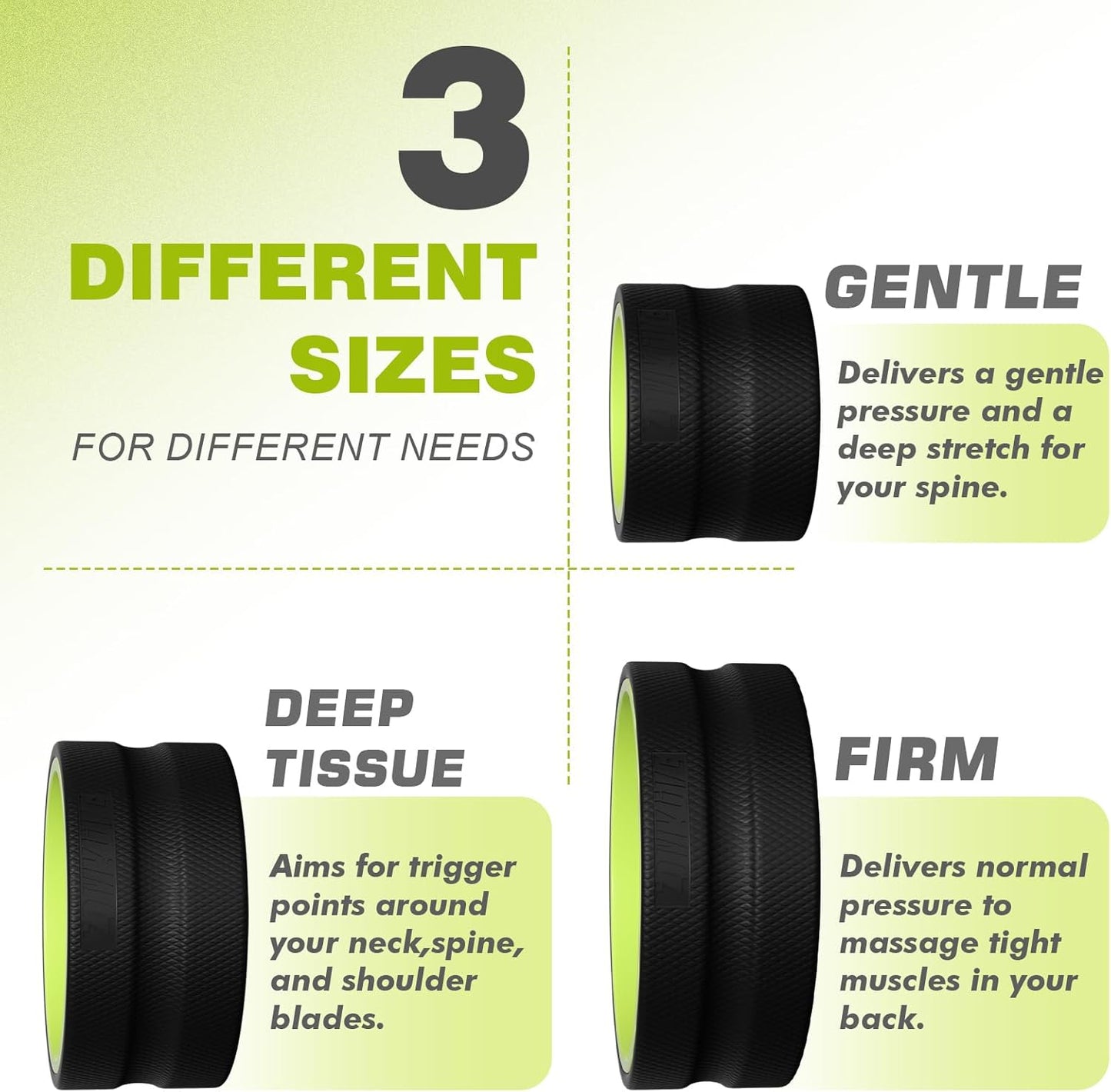 3 Pack Back Roller- Yoga Wheel for Back Pain Reliefn & Stretching, Back Wheel for Deep Tissue Massage, Foam Roller for Physical Therapy & Exercise
