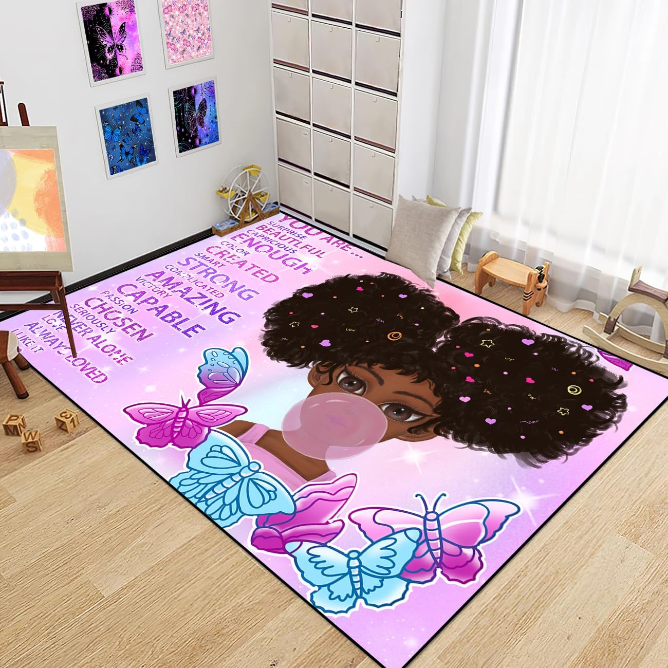 Black Girl Area Rug for Bedroom African Black Girls Floor Rugs for Living Room Playroom Cartoon Art Home Decor Soft Yoga Mats for Women Afro Purple 47" x 31" (2.7 x 3 Feet)