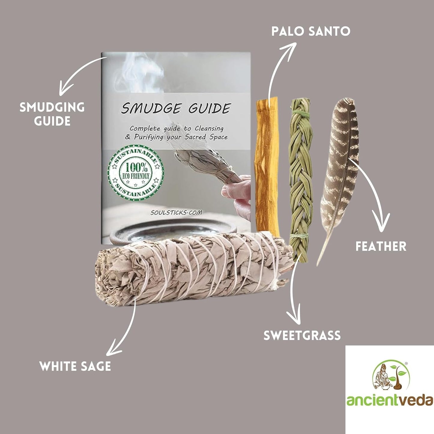 Ancient VEDA Organic Smudge Kit – Yerba Santa, Palo Santo, Sweetgrass Braid, Feather & Smudge Guide | Home Cleansing Kit for Meditation, Yoga, Energy Healing & Gift (Starter Kit, Yerba Santa Sage)