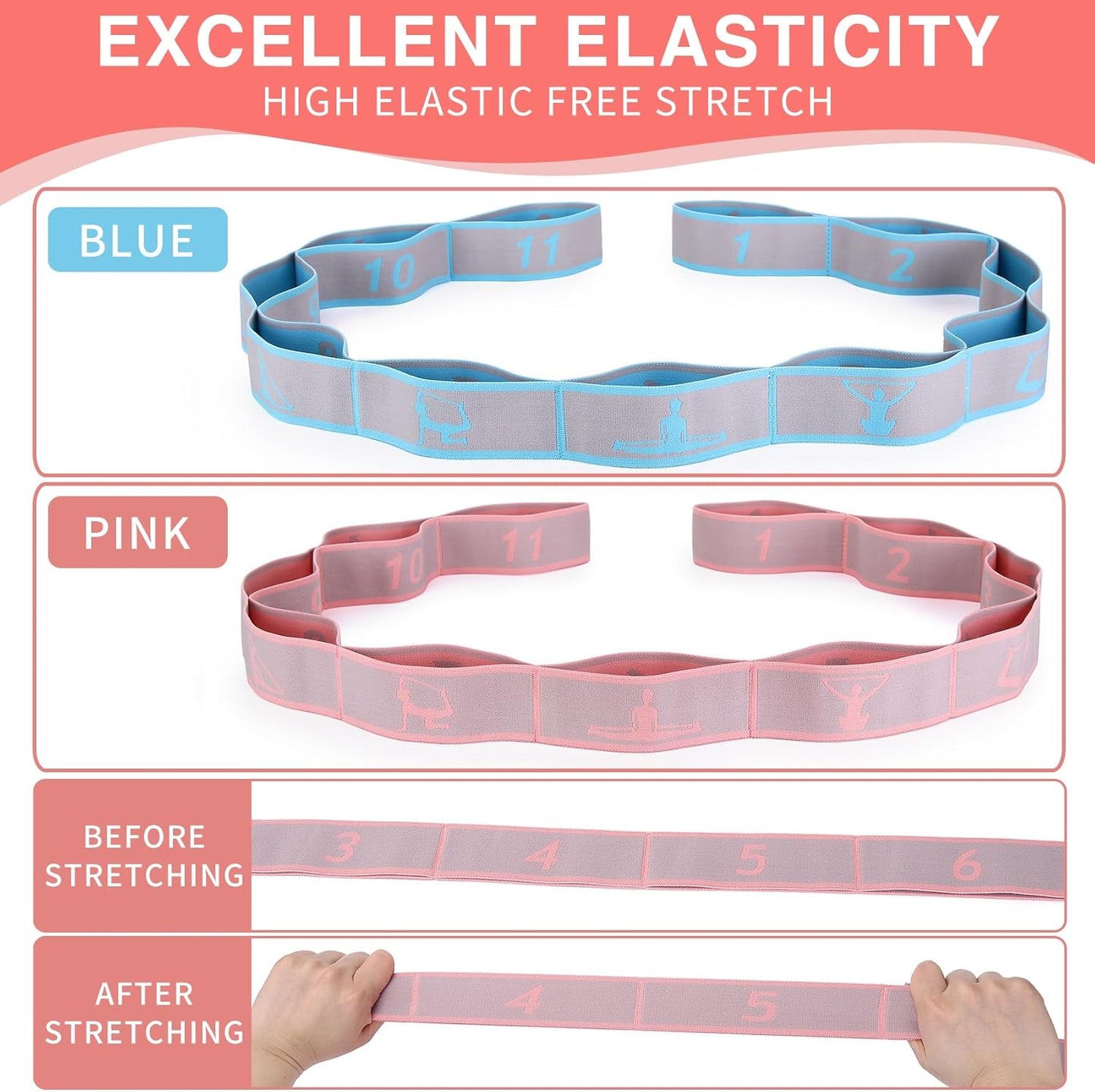 Elastic Yoga Stretching Strap with Loops, CEILIWEN Stretch Straps for Physical Therapy, Pilates Stretch Band, Elastic Exercise Bands, Leg Stretching Strap, Stretch Resistance Bands for Exercise